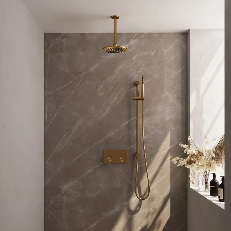 Brauer Gold Carving Regendoucheset: Thermostatische Inbouwkraan met Drukknoppen, Plafondarm, Douchekop 20cm, Glijstang met Wateruitlaat, Staafhanddouche & Doucheslang - Set 65 - Geribbeld Draaiknoppen - PVD - Geborsteld Goud Hete Deal