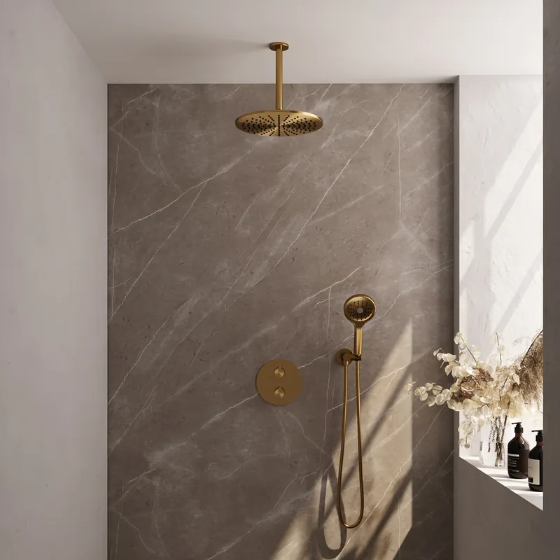 Brauer Gold Carving Regendoucheset: Thermostatische Inbouwkraan met 3-Weg Omstel, Plafondarm, Douchekop 30cm, Wandaansluitbocht, 3-Standen Handdouche & Doucheslang - Set 84 - Draaiknoppen - Geborsteld Goud Tijdelijk Beschikbaar