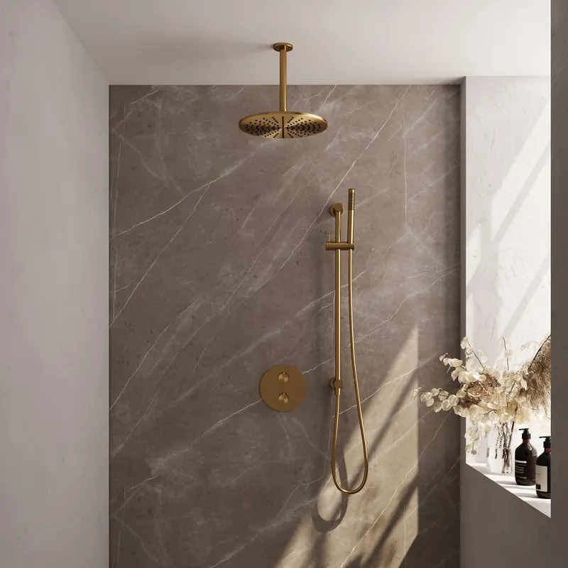Koop Vandaag Brauer Gold Carving Regendoucheset: Thermostatische Inbouwkraan met 3-Weg Omstel, Plafondarm, Douchekop 30cm, Geintegreerde Glijstang, Staafhanddouche & Doucheslang - Set 90 - Draaiknoppen - Geborsteld Goud