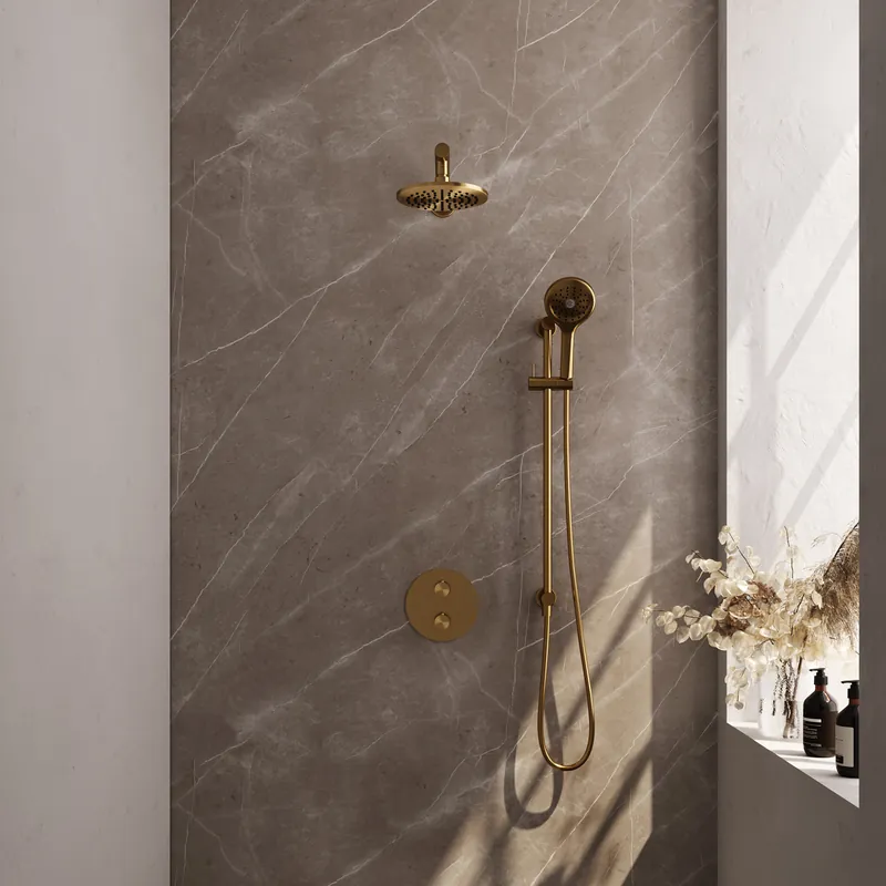 Brauer Gold Carving Regendoucheset: Thermostatische Inbouwkraan met 3-Weg Omstel, Rechte Wandarm, Douchekop 20cm, Geintegreerde Glijstang, 3-Standen Handdouche & Doucheslang - Set 91 - Draaiknoppen - Geborsteld Goud Merkproduct