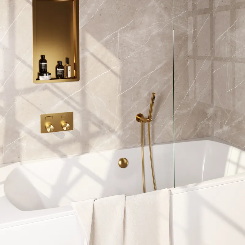 Flitsaanbieding Brauer Gold Carving Thermostatische Inbouw Badkraan met Omstel, Badvulcombinatie, Drukknoppen, Wandhouder met Wateruitlaat, Staafhanddouche & Doucheslang - Set 3 - Geribbeld Draaiknoppen - PVD - Geborsteld Goud