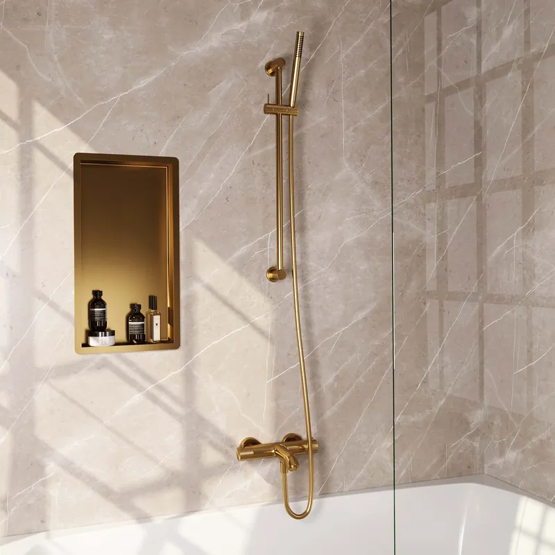 Speciale Aanbieding Brauer Gold Carving Thermostatische Opbouw Badkraan met Omstel, Glijstang, Staafhanddouche & Doucheslang - Set 1 - Geribbeld Draaiknoppen - PVD - Geborsteld Goud