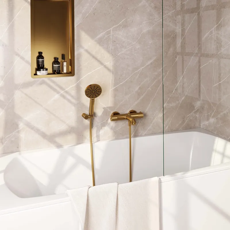 Hoge Kwaliteit Brauer Gold Carving Thermostatische Opbouw Badkraan met Omstel, Wandhouder, 3-Standen Handdouche & Doucheslang - Set 4 - Geribbeld Draaiknoppen - PVD - Geborsteld Goud