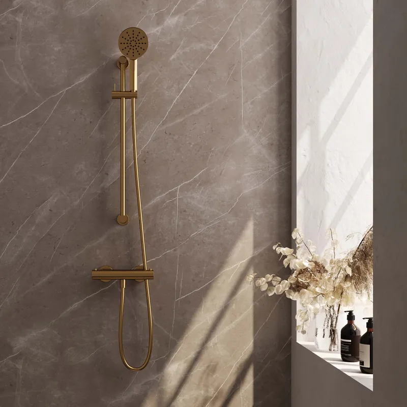 Brauer Gold Edition Doucheset: Thermostatische Opbouwkraan met Glijstang, Staafhanddouche & Doucheslang - Set 2 - Draaiknoppen - PVD - Geborsteld Goud Finale Uitverkoop