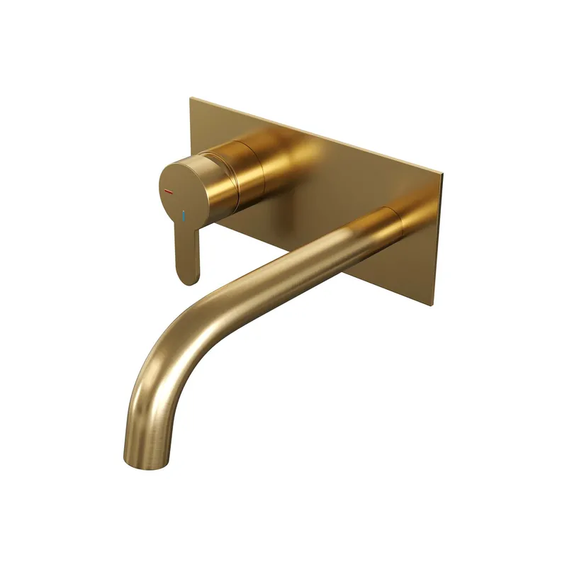 Speciale Aanbieding Brauer Gold Edition Inbouw Wastafelmengkraan met Gebogen Uitloop & Afdekplaat - Model D2 - Hendel Links - PVD - Geborsteld Goud