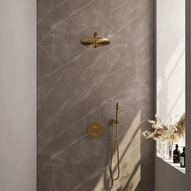 Laatste Versie Brauer Gold Edition Regendoucheset: Thermostatische Inbouwkraan met 3-Weg Omstel, Rechte Wandarm, Douchekop 30cm, Wandaansluitbocht, Staafhanddouche & Doucheslang - Set 74 - Draaiknoppen - Geborsteld Goud