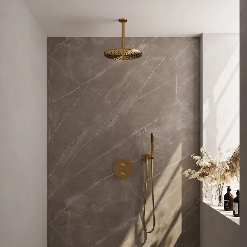 Brauer Gold Edition Regendoucheset: Thermostatische Inbouwkraan met 3-Weg Omstel, Plafondarm, Douchekop 30cm, Wandaansluitbocht, Staafhanddouche & Doucheslang - Set 78 - Draaiknoppen - Geborsteld Goud Must-Have