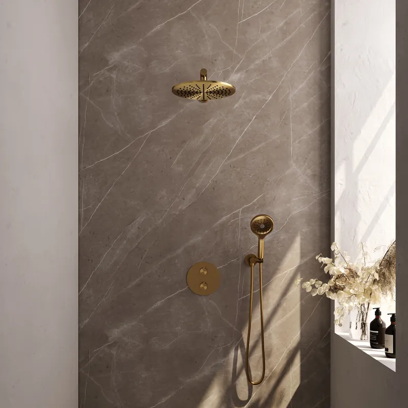 Hoge Kwaliteit Brauer Gold Edition Regendoucheset: Thermostatische Inbouwkraan met 3-Weg Omstel, Rechte Wandarm, Douchekop 30cm, Wandaansluitbocht, 3-Standen Handdouche & Doucheslang - Set 80 - Draaiknoppen - Geborsteld Goud