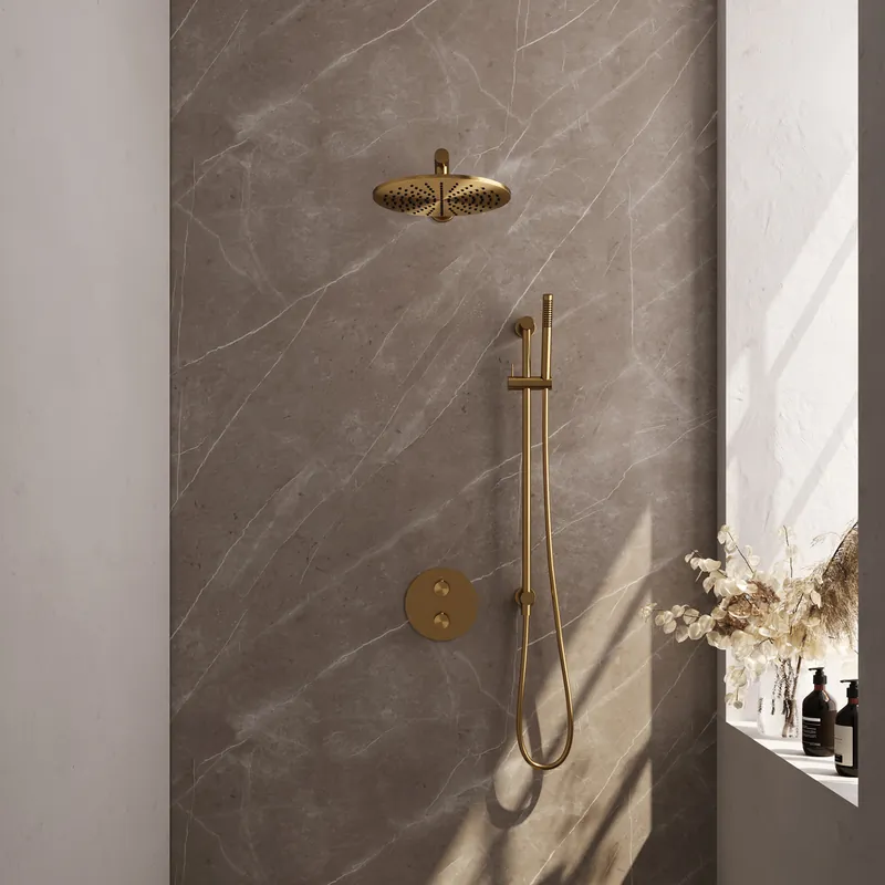 Brauer Gold Edition Regendoucheset: Thermostatische Inbouwkraan met 3-Weg Omstel, Rechte Wandarm, Douchekop 30cm, Geintegreerde Glijstang, Staafhanddouche & Doucheslang - Set 86 - Draaiknoppen - Geborsteld Goud Op = Op