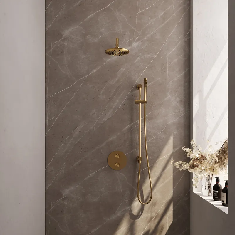Brauer Gold Edition Regendoucheset: Thermostatische Inbouwkraan met 3-Weg Omstel, Gebogen Wandarm, Douchekop 20cm, Geintegreerde Glijstang, Staafhanddouche & Doucheslang - Set 87 - Draaiknoppen - Geborsteld Goud Bestel Nu