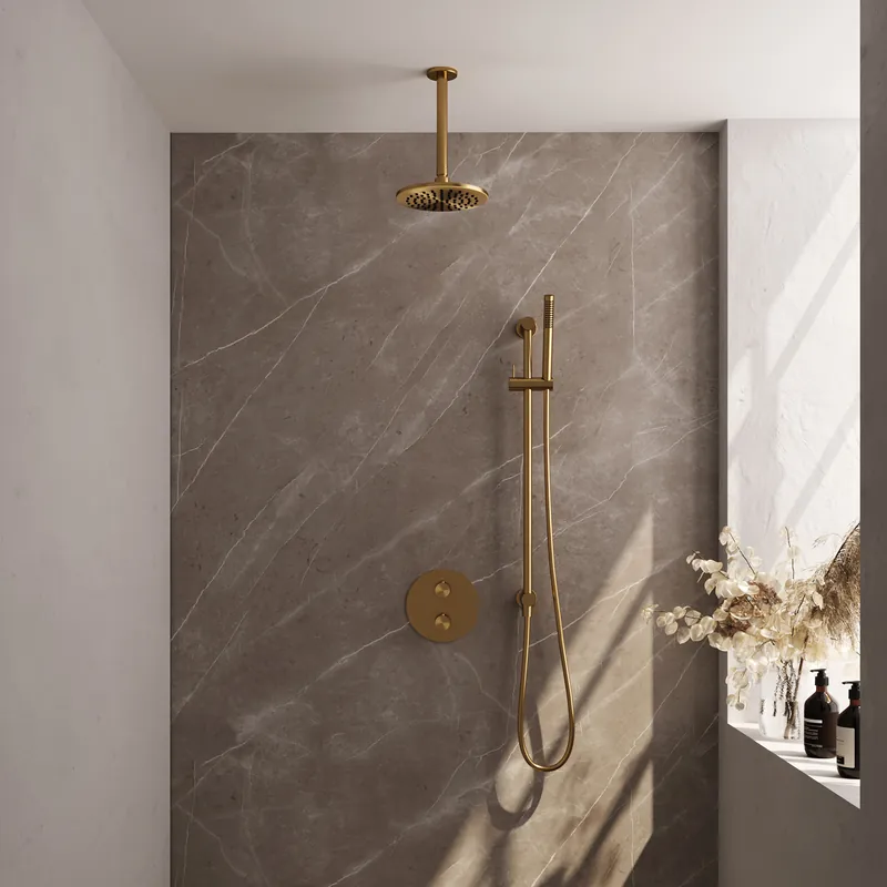 Brauer Gold Edition Regendoucheset: Thermostatische Inbouwkraan met 3-Weg Omstel, Plafondarm, Douchekop 20cm, Geintegreerde Glijstang, Staafhanddouche & Doucheslang - Set 89 - Draaiknoppen - Geborsteld Goud Uitverkoop