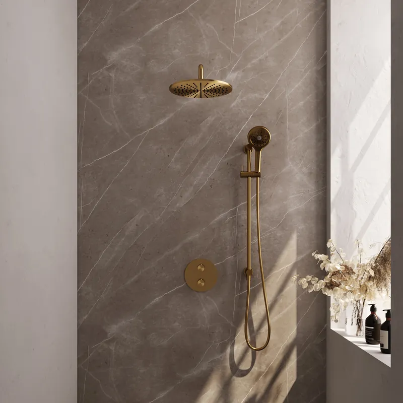 Merkproduct Brauer Gold Edition Regendoucheset: Thermostatische Inbouwkraan met 3-Weg Omstel, Gebogen Wandarm, Douchekop 30cm, Geintegreerde Glijstang, 3-Standen Handdouche & Doucheslang - Set 94 - Draaiknoppen - Geborsteld Goud