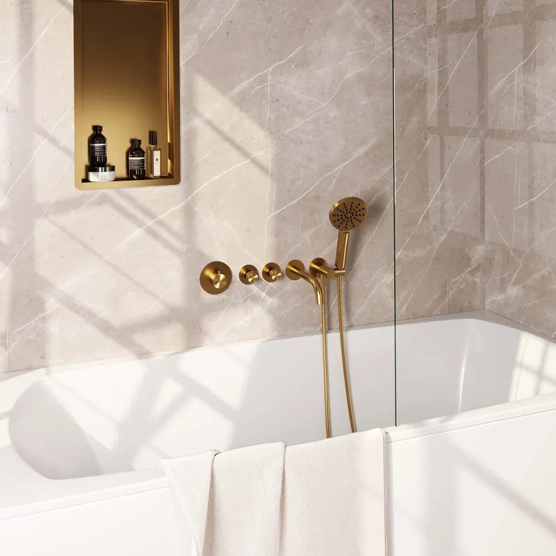 Lage Prijs Brauer Gold Edition Thermostatische Inbouw Badkraan met Omstel, Uitloop, Stopkranen, Wandhouder met Wateruitlaat, 3-Standen Handdouche & Doucheslang - Set 2 - Draaiknoppen - PVD - Geborsteld Goud