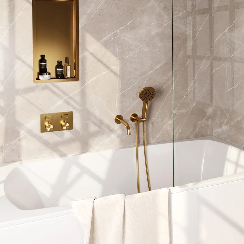 Brauer Gold Edition Thermostatische Inbouw Badkraan met Omstel, Uitloop, Drukknoppen, Wandhouder met Wateruitlaat, 3-Standen Handdouche & Doucheslang - Set 4 - Draaiknoppen - PVD - Geborsteld Goud Express Levering