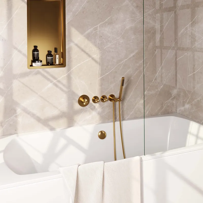 Hete Deal Brauer Gold Edition Thermostatische Inbouw Badkraan met Omstel, Badvulcombinatie, Stopkranen, Wandhouder met Wateruitlaat, Staafhanddouche & Doucheslang - Set 1 - Draaiknoppen - PVD - Geborsteld Goud