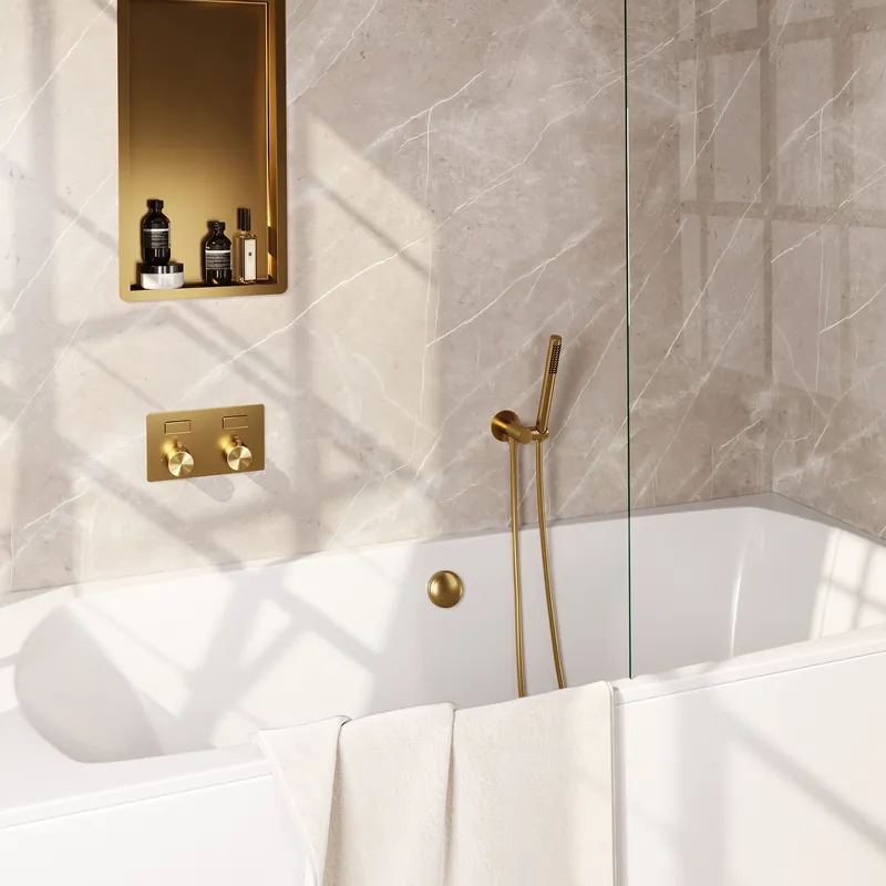 Koopje Brauer Gold Edition Thermostatische Inbouw Badkraan met Omstel, Badvulcombinatie, Drukknoppen, Wandhouder met Wateruitlaat, Staafhanddouche & Doucheslang - Set 3 - Draaiknoppen - PVD - Geborsteld Goud