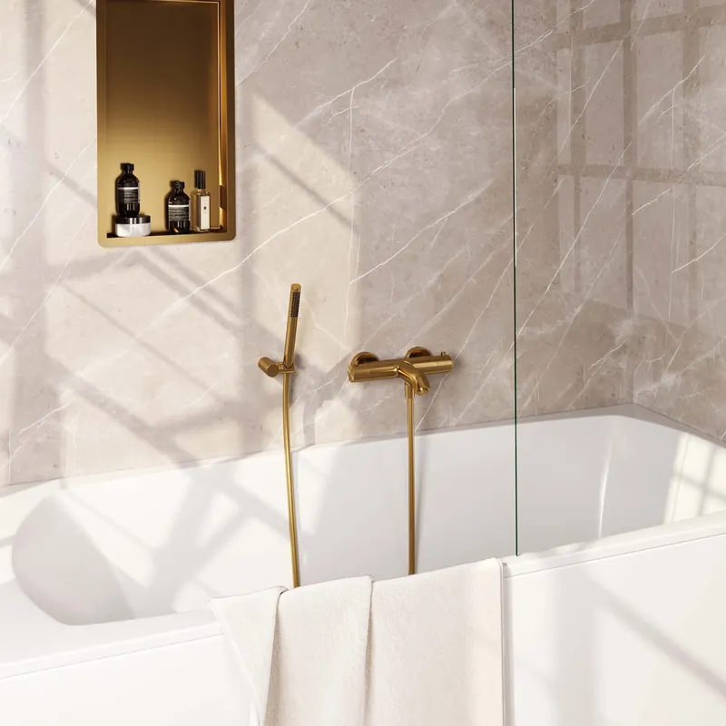 Brauer Gold Edition Thermostatische Opbouw Badkraan met Omstel, Wandhouder, Staafhanddouche & Doucheslang - Set 3 - Draaiknoppen - PVD - Geborsteld Goud Lage Kosten