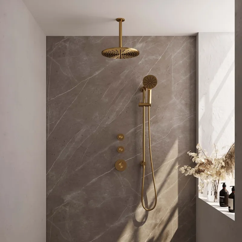 Hoge Kwaliteit Brauer Gold Editon Regendoucheset: Thermostatische Inbouwkraan met Stopkranen, Plafondarm, Douchekop 30cm, Glijstang met Wateruitlaat, 3-Standen Handdouche & Doucheslang - Set 24 - Draaiknoppen - PVD - Geborsteld Goud