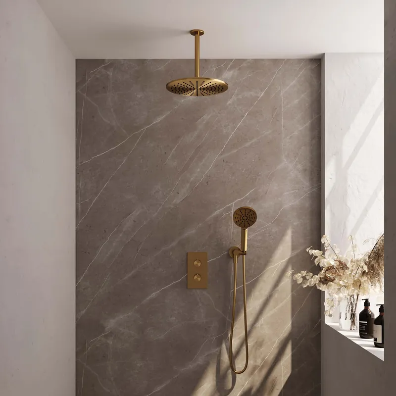 Brauer Gold Editon Regendoucheset: Thermostatische Inbouwkraan met 3-Weg Omstel, Plafondarm, Douchekop 30cm, Wandhouder met Wateruitlaat, 3-Standen Handdouche & Doucheslang - Set 36 - Draaiknoppen - PVD - Geborsteld Goud Fabrieksprijs