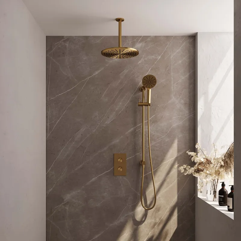 Rechtstreeks Van De Fabrikant Brauer Gold Editon Regendoucheset: Thermostatische Inbouwkraan met 3-Weg Omstel, Plafondarm, Douchekop 30cm, Glijstang met Wateruitlaat, 3-Standen Handdouche & Doucheslang - Set 48 - Draaiknoppen - PVD - Geborsteld Goud