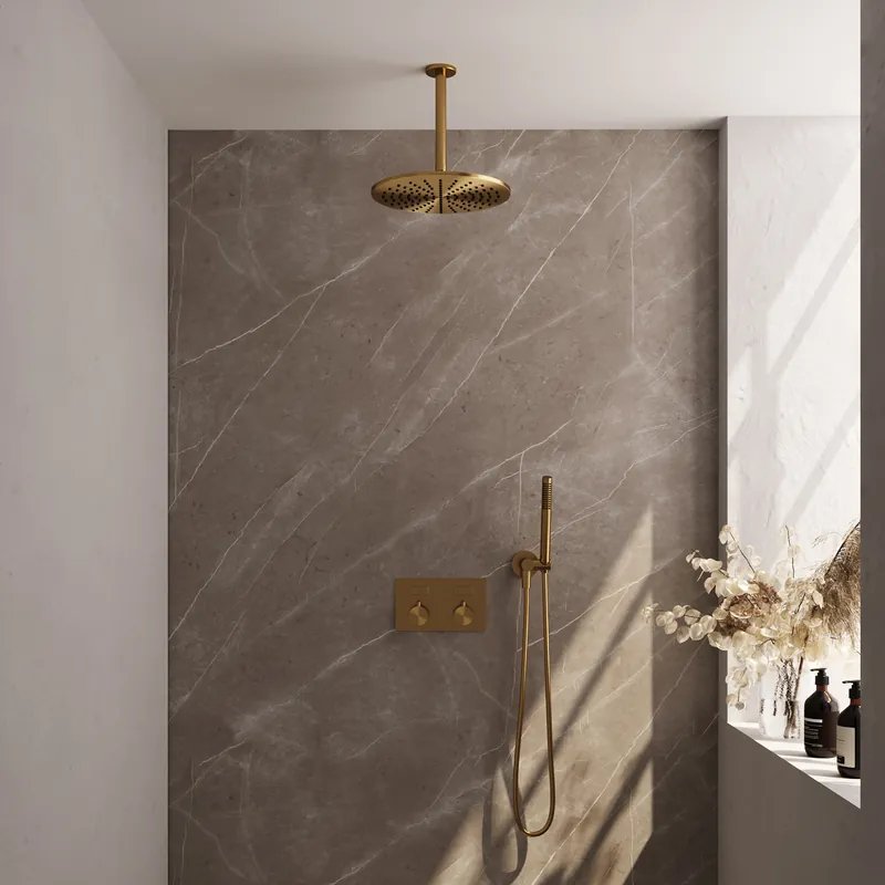 Brauer Gold Editon Regendoucheset: Thermostatische Inbouwkraan met Drukknoppen, Plafondarm, Douchekop 30cm, Wandhouder met Wateruitlaat, Staafhanddouche & Doucheslang - Set 54 - Draaiknoppen - PVD - Geborsteld Goud Nu Kopen