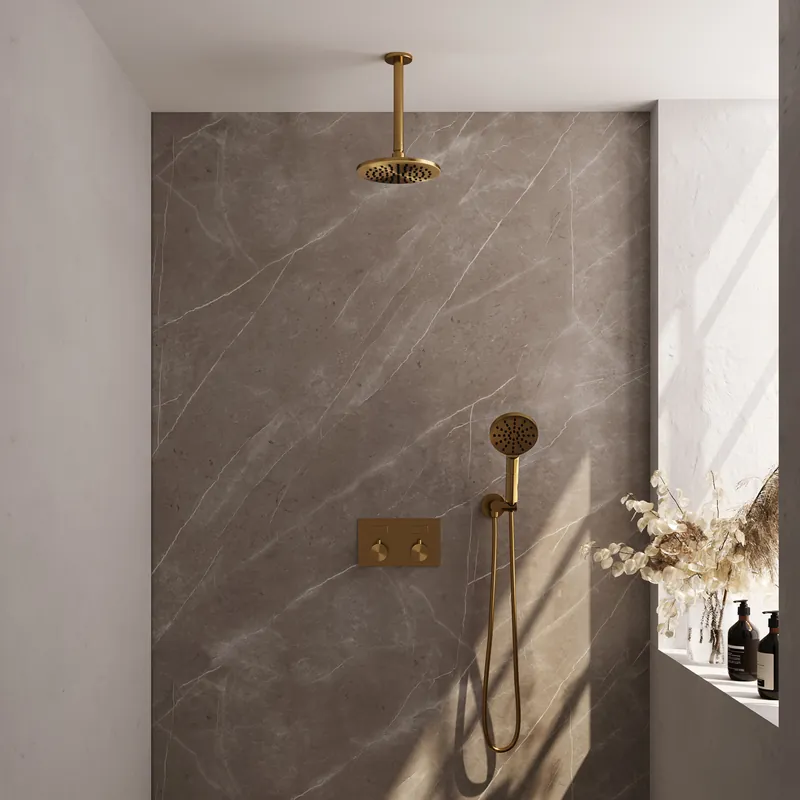 Favoriet Brauer Gold Editon Regendoucheset: Thermostatische Inbouwkraan met Drukknoppen, Plafondarm, Douchekop 20cm, Wandhouder met Wateruitlaat, 3-Standen Handdouche & Doucheslang - Set 59 - Draaiknoppen - PVD - Geborsteld Goud