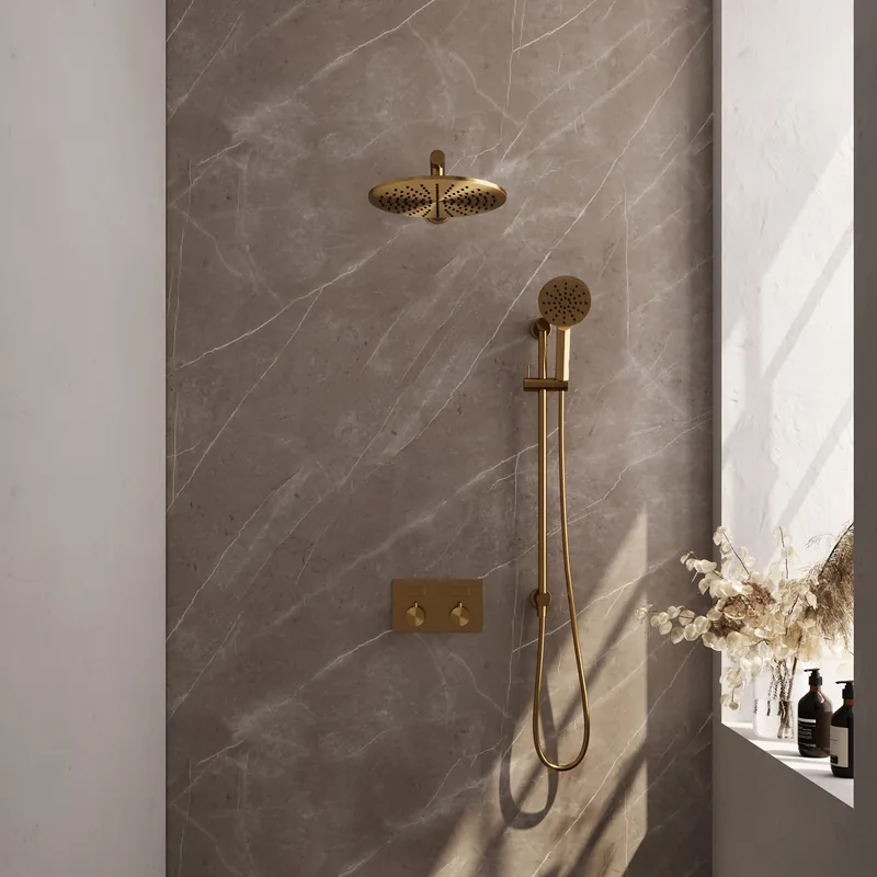 Brauer Gold Editon Regendoucheset: Thermostatische Inbouwkraan met Drukknoppen, Rechte Wandarm, Douchekop 30cm, Glijstang met Wateruitlaat, 3-Standen Handdouche & Doucheslang - Set 68 - Draaiknoppen - PVD - Geborsteld Goud Nieuw