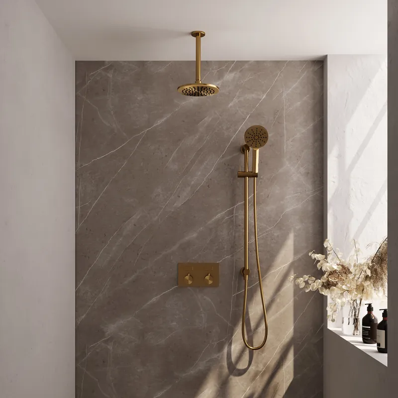 Brauer Gold Editon Regendoucheset: Thermostatische Inbouwkraan met Drukknoppen, Plafondarm, Douchekop 20cm, Glijstang met Wateruitlaat, 3-Standen Handdouche & Doucheslang - Set 71 - Draaiknoppen - PVD - Geborsteld Goud Premium