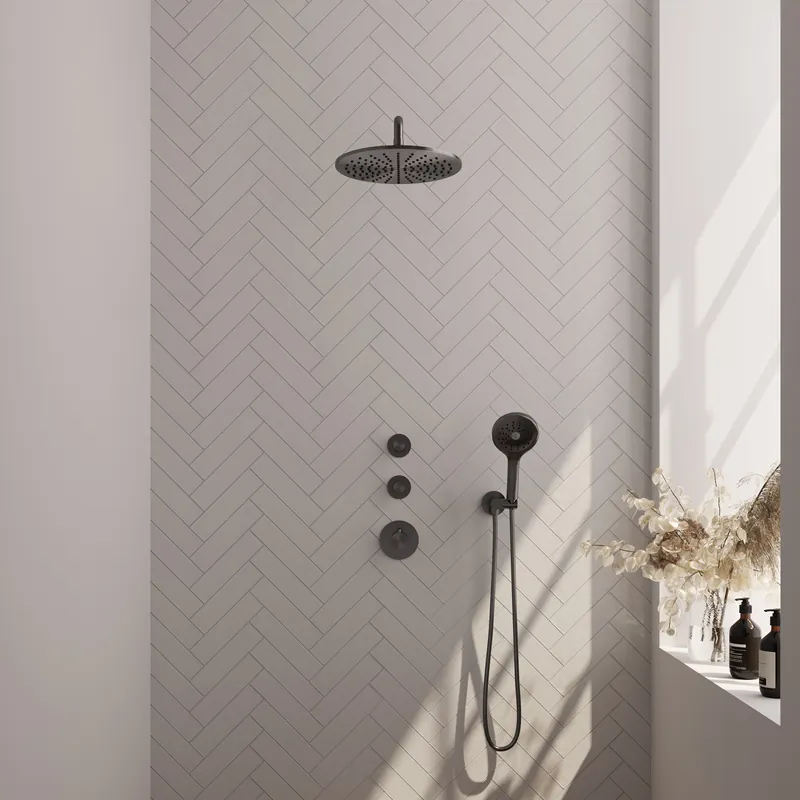 Nu Kopen Brauer Gunmetal Carving Regendoucheset: Thermostatische Inbouwkraan met Stopkranen, Gebogen Wandarm, Douchekop 30cm, Wandhouder met Wateruitlaat, 3-Standen Handdouche & Doucheslang - Set 10 - Geribbeld Draaiknoppen - PVD - Geborsteld Gunmetal