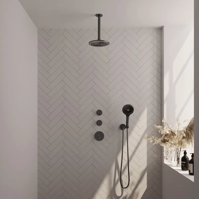 Gecertificeerd Brauer Gunmetal Carving Regendoucheset: Thermostatische Inbouwkraan met Stopkranen, Plafondarm, Douchekop 20cm, Wandhouder met Wateruitlaat, 3-Standen Handdouche & Doucheslang - Set 11 - Geribbeld Draaiknoppen - PVD - Geborsteld Gunmetal