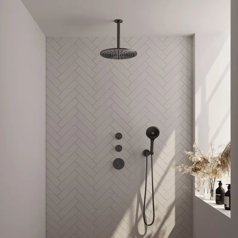 Koopje Brauer Gunmetal Carving Regendoucheset: Thermostatische Inbouwkraan met Stopkranen, Plafondarm, Douchekop 30cm, Wandhouder met Wateruitlaat, 3-Standen Handdouche & Doucheslang - Set 12 - Geribbeld Draaiknoppen - PVD - Geborsteld Gunmetal