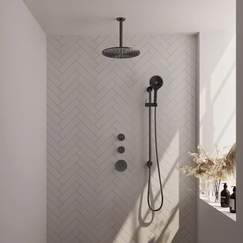 Laatste Versie Brauer Gunmetal Carving Regendoucheset: Thermostatische Inbouwkraan met Stopkranen, Plafondarm, Douchekop 30cm, Glijstang met Wateruitlaat, 3-Standen Handdouche & Doucheslang - Set 24 - Geribbeld Draaiknoppen - PVD - Geborsteld Gunmetal