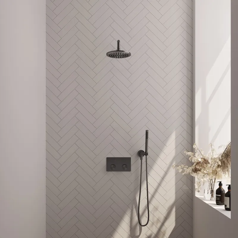 Goedkoop Brauer Gunmetal Carving Regendoucheset: Thermostatische Inbouwkraan met Drukknoppen, Gebogen Wandarm, Douchekop 20cm, Wandhouder met Wateruitlaat, Staafhanddouche & Doucheslang - Set 51 - Geribbeld Draaiknoppen - PVD - Geborsteld Gunmetal