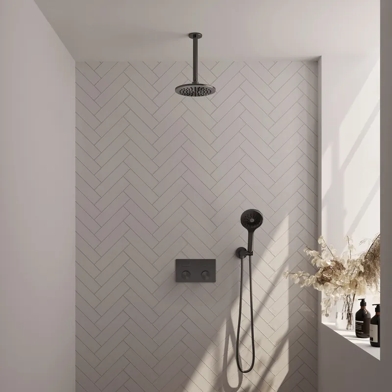 Brauer Gunmetal Carving Regendoucheset: Thermostatische Inbouwkraan met Drukknoppen, Plafondarm, Douchekop 20cm, Wandhouder met Wateruitlaat, 3-Standen Handdouche & Doucheslang - Set 59 - Geribbeld Draaiknoppen - PVD - Geborsteld Gunmetal Superprijs