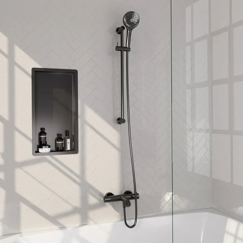 Brauer Gunmetal Carving Thermostatische Opbouw Badkraan met Omstel, Glijstang, 3-Standen Handdouche & Doucheslang - Set 2 - Geribbeld Draaiknoppen - PVD - Geborsteld Gunmetal Op = Op