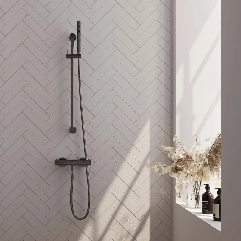 Brauer Gunmetal Edition Doucheset: Thermostatische Opbouwkraan met Glijstang, Staafhanddouche & Doucheslang - Set 1 - Draaiknoppen - PVD - Geborsteld Gunmetal Koop Online