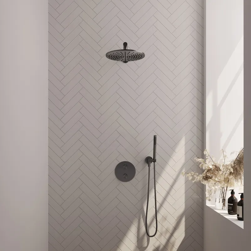 Brauer Gunmetal Edition Regendoucheset: Thermostatische Inbouwkraan met 3-Weg Omstel, Rechte Wandarm, Douchekop 30cm, Wandaansluitbocht, Staafhanddouche & Doucheslang - Set 74 - Draaiknoppen - Geborsteld Gunmetal Betrouwbaar