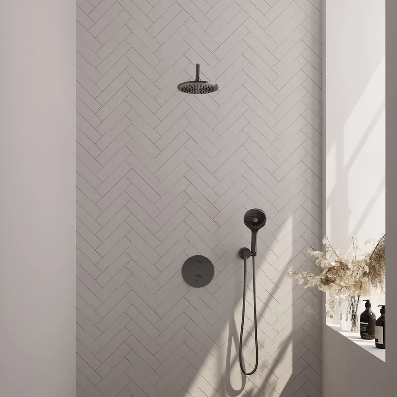 Brauer Gunmetal Edition Regendoucheset: Thermostatische Inbouwkraan met 3-Weg Omstel, Gebogen Wandarm, Douchekop 20cm, Wandaansluitbocht, 3-Standen Handdouche & Doucheslang - Set 81 - Draaiknoppen - Geborsteld Gunmetal Exclusieve Aanbieding
