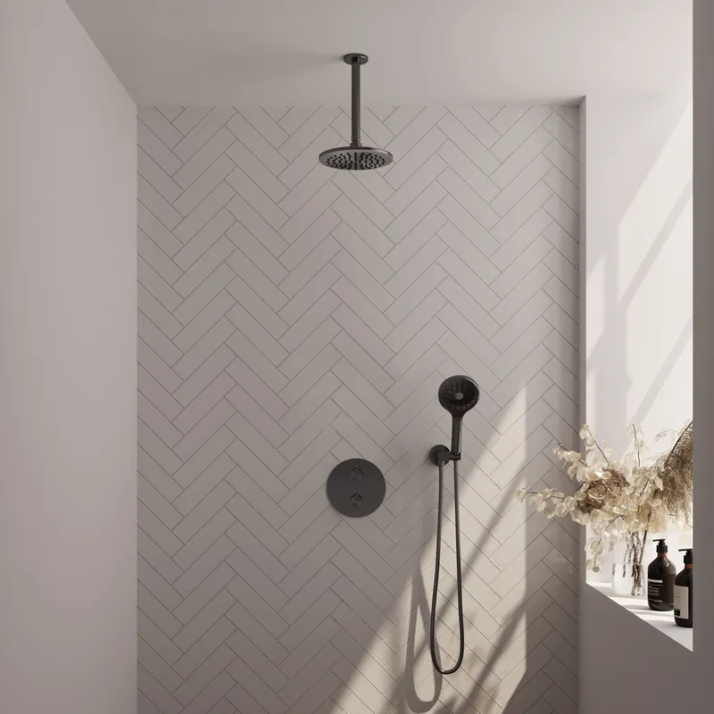 Goedkoop Brauer Gunmetal Edition Regendoucheset: Thermostatische Inbouwkraan met 3-Weg Omstel, Plafondarm, Douchekop 20cm, Wandaansluitbocht, 3-Standen Handdouche & Doucheslang - Set 83 - Draaiknoppen - Geborsteld Gunmetal