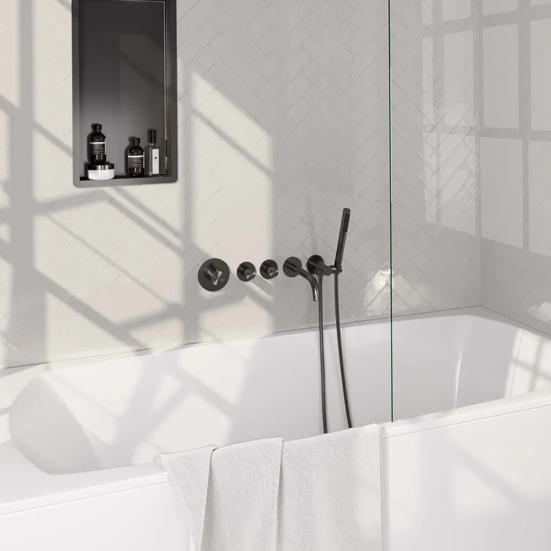 Brauer Gunmetal Edition Thermostatische Inbouw Badkraan met Omstel, Uitloop, Stopkranen, Wandhouder met Wateruitlaat, Staafhanddouche & Doucheslang - Set 1 - Draaiknoppen - PVD - Geborsteld Gunmetal Fabrieksprijs