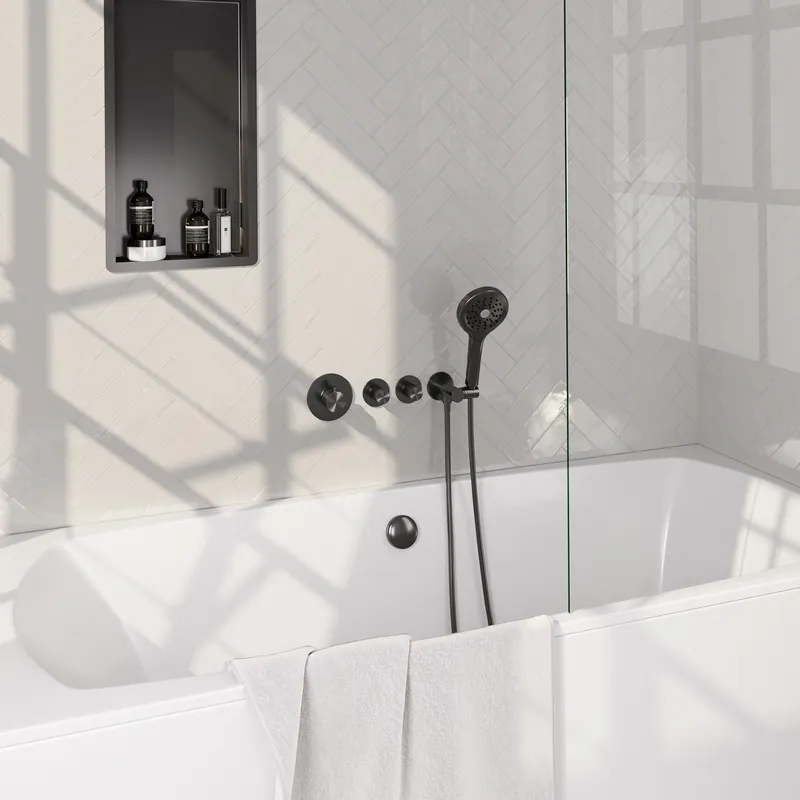 Brauer Gunmetal Edition Thermostatische Inbouw Badkraan met Omstel, Badvulcombinatie, Stopkranen, Wandhouder met Wateruitlaat, 3-Standen Handdouche & Doucheslang - Set 2 - Draaiknoppen - PVD - Geborsteld Gunmetal Finale Uitverkoop