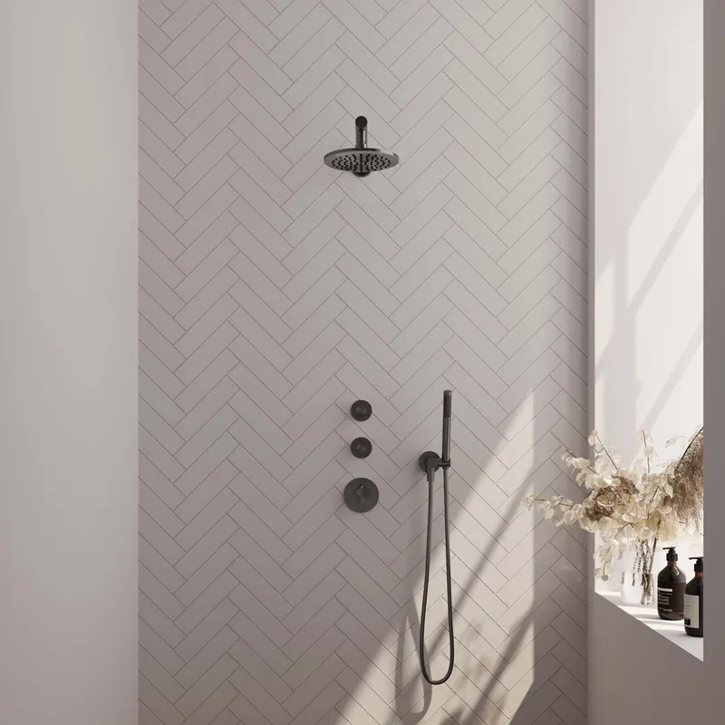 Brauer Gunmetal Editon Regendoucheset: Thermostatische Inbouwkraan met Stopkranen, Rechte Wandarm, Douchekop 20cm, Wandhouder met Wateruitlaat, Staafhanddouche & Doucheslang - Set 1 - Draaiknoppen - PVD - Geborsteld Gunmetal Dagaanbieding