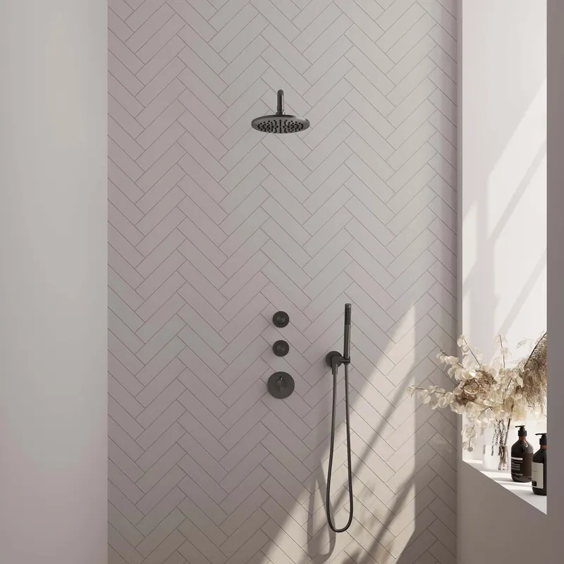 Direct Beschikbaar Brauer Gunmetal Editon Regendoucheset: Thermostatische Inbouwkraan met Stopkranen, Gebogen Wandarm, Douchekop 20cm, Wandhouder met Wateruitlaat, Staafhanddouche & Doucheslang - Set 3 - Draaiknoppen - PVD - Geborsteld Gunmetal