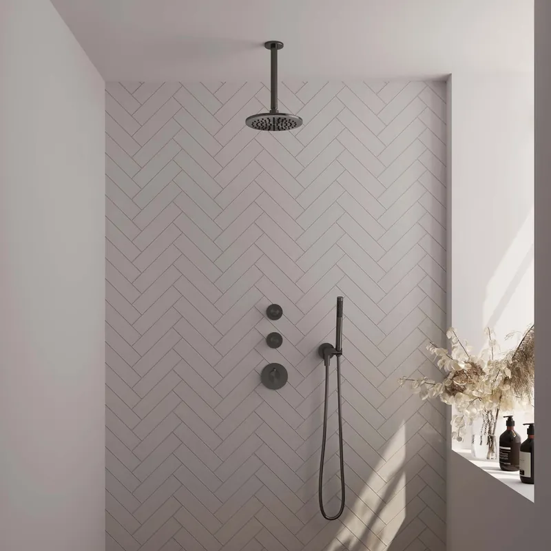 Brauer Gunmetal Editon Regendoucheset: Thermostatische Inbouwkraan met Stopkranen, Plafondarm, Douchekop 20cm, Wandhouder met Wateruitlaat, Staafhanddouche & Doucheslang - Set 5 - Draaiknoppen - PVD - Geborsteld Gunmetal Koopje