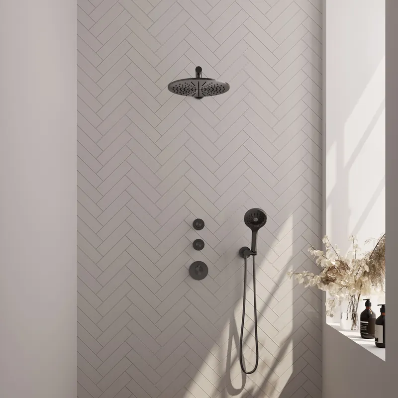 Goedkoop Brauer Gunmetal Editon Regendoucheset: Thermostatische Inbouwkraan met Stopkranen, Rechte Wandarm, Douchekop 30cm, Wandhouder met Wateruitlaat, 3-Standen Handdouche & Doucheslang - Set 8 - Draaiknoppen - PVD - Geborsteld Gunmetal