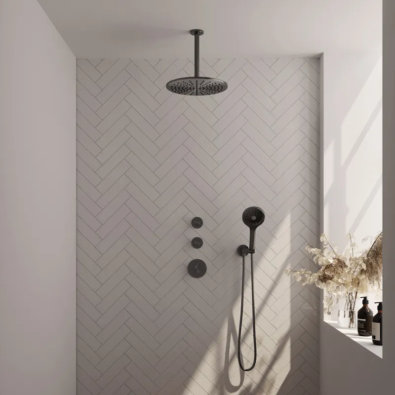 Voordeelprijs Brauer Gunmetal Editon Regendoucheset: Thermostatische Inbouwkraan met Stopkranen, Plafondarm, Douchekop 30cm, Wandhouder met Wateruitlaat, 3-Standen Handdouche & Doucheslang - Set 12 - Draaiknoppen - PVD - Geborsteld Gunmetal