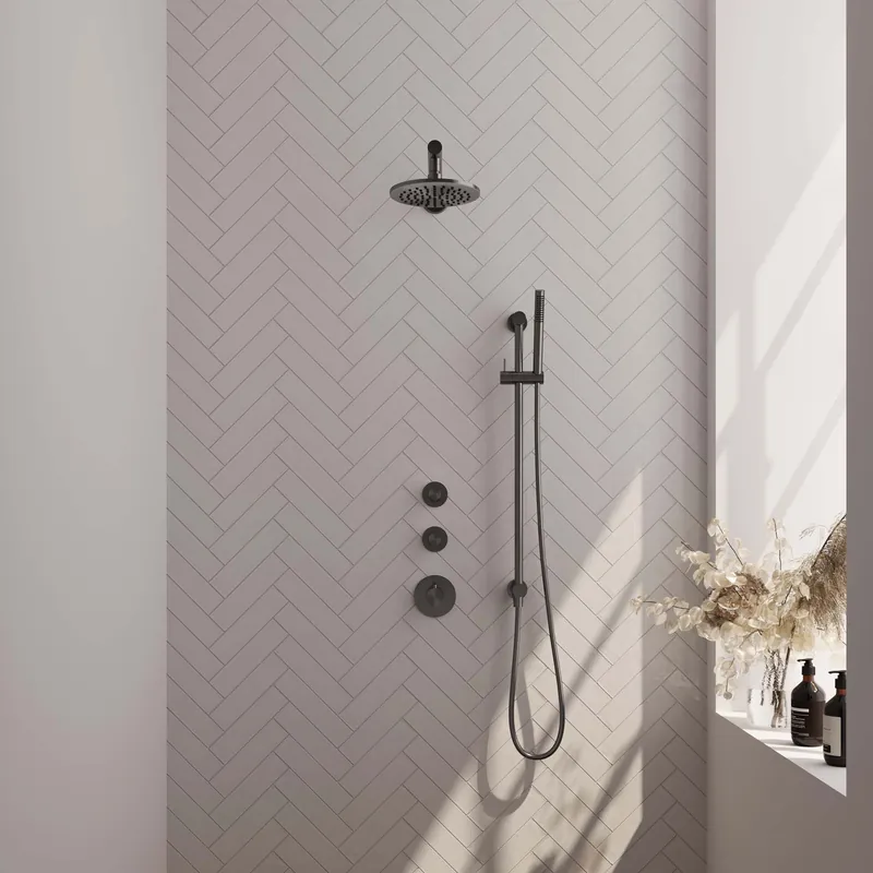 Brauer Gunmetal Editon Regendoucheset: Thermostatische Inbouwkraan met Stopkranen, Rechte Wandarm, Douchekop 20cm, Glijstang met Wateruitlaat, Staafhanddouche & Doucheslang - Set 13 - Draaiknoppen - PVD - Geborsteld Gunmetal Betrouwbaar