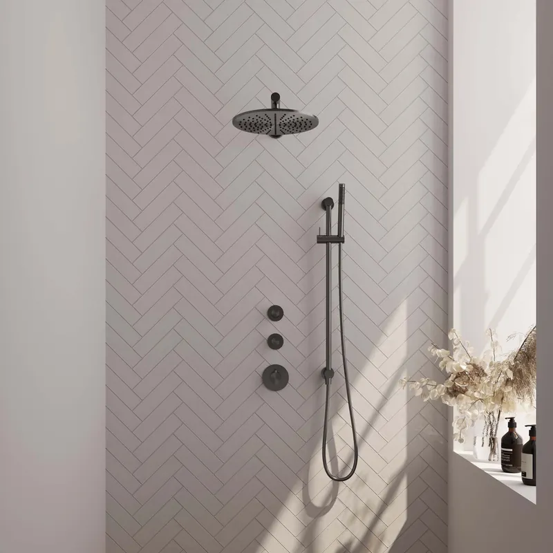 Hete Deal Brauer Gunmetal Editon Regendoucheset: Thermostatische Inbouwkraan met Stopkranen, Rechte Wandarm, Douchekop 30cm, Glijstang met Wateruitlaat, Staafhanddouche & Doucheslang - Set 14 - Draaiknoppen - PVD - Geborsteld Gunmetal