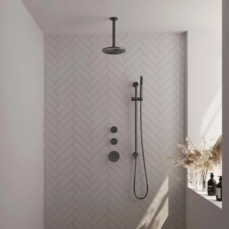 Koop Online Brauer Gunmetal Editon Regendoucheset: Thermostatische Inbouwkraan met Stopkranen, Plafondarm, Douchekop 20cm, Glijstang met Wateruitlaat, Staafhanddouche & Doucheslang - Set 17 - Draaiknoppen - PVD - Geborsteld Gunmetal
