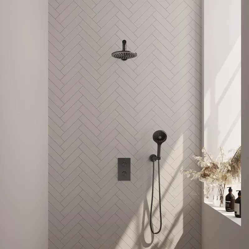 Brauer Gunmetal Editon Regendoucheset: Thermostatische Inbouwkraan met 3-Weg Omstel, Rechte Wandarm, Douchekop 20cm, Wandhouder met Wateruitlaat, 3-Standen Handdouche & Doucheslang - Set 31 - Draaiknoppen - PVD - Geborsteld Gunmetal Koop Vandaag